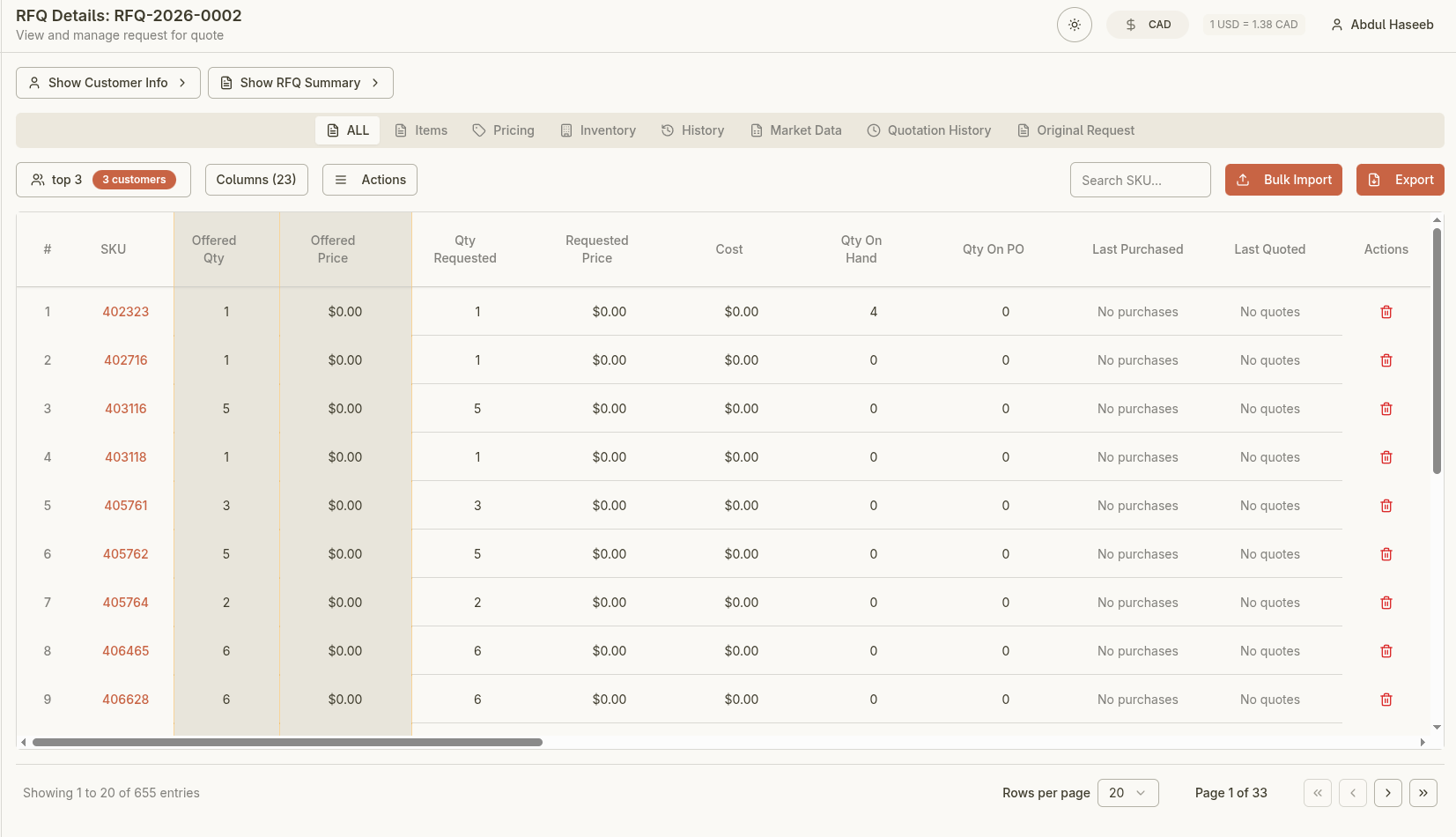 RFQ Detail Tabs preview