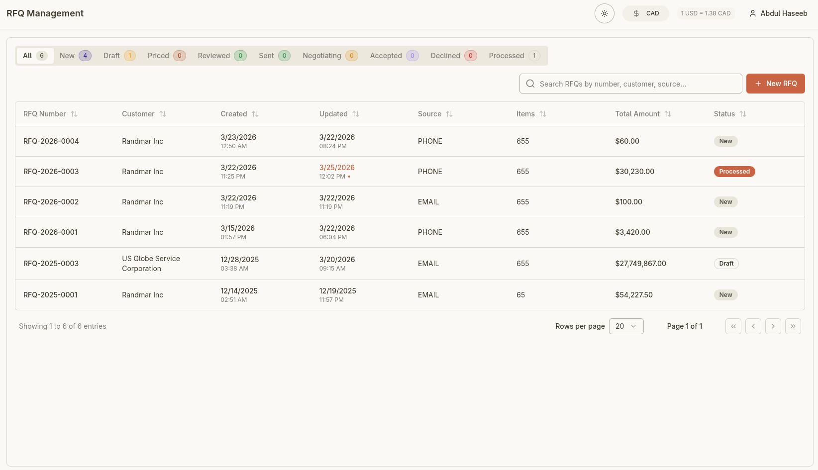 RFQ Management Workspace preview